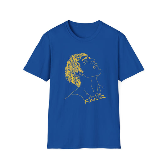 Blue t-shirt with yellow and black graphic design on a white background